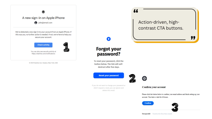 3 transactional email examples with clear and action driven cta buttons